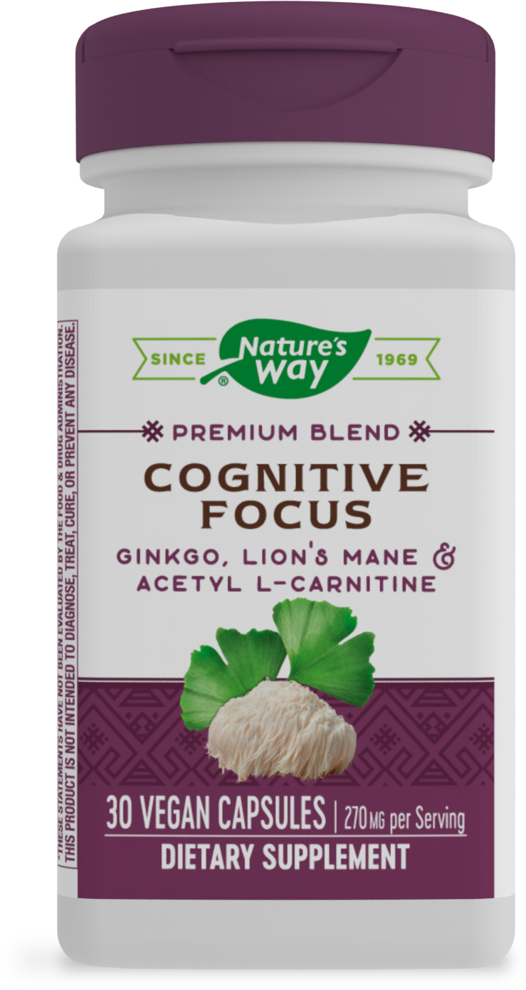 slide 1 of 9, Nature's Way Cognitive Focus, with Gingko, Lion's Mane & Acetyl L-Carnitine, 270 mg per Serving, 30 Capsules, 30 ct