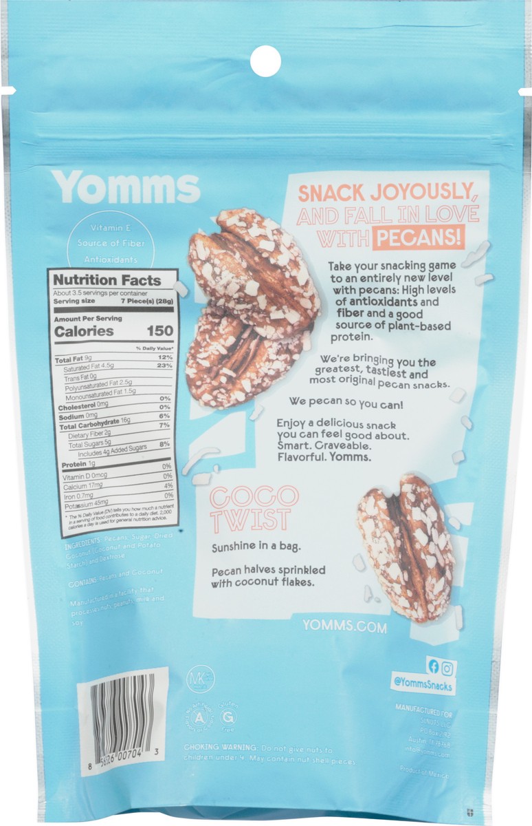 slide 6 of 12, Yomms Snacks Coco Twist Pecans 3.5 oz, 3.5 oz
