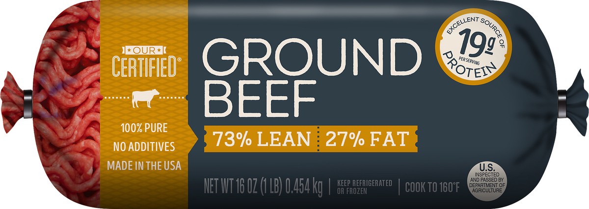 slide 3 of 3, Our Certified 73% LEAN/27% FAT Ground Beef 16 oz, 16 oz