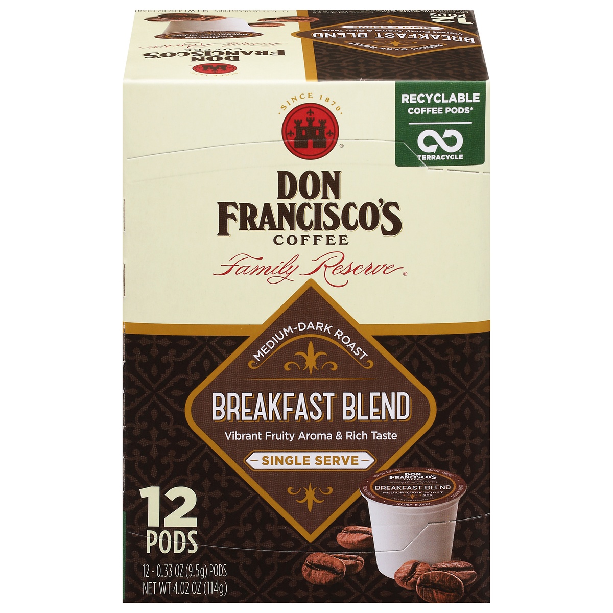 slide 1 of 1, Don Francisco's Medium-Dark Roast Breakfast Blend Coffee Single Serve Pods 12 - 0.33 oz Pods, 