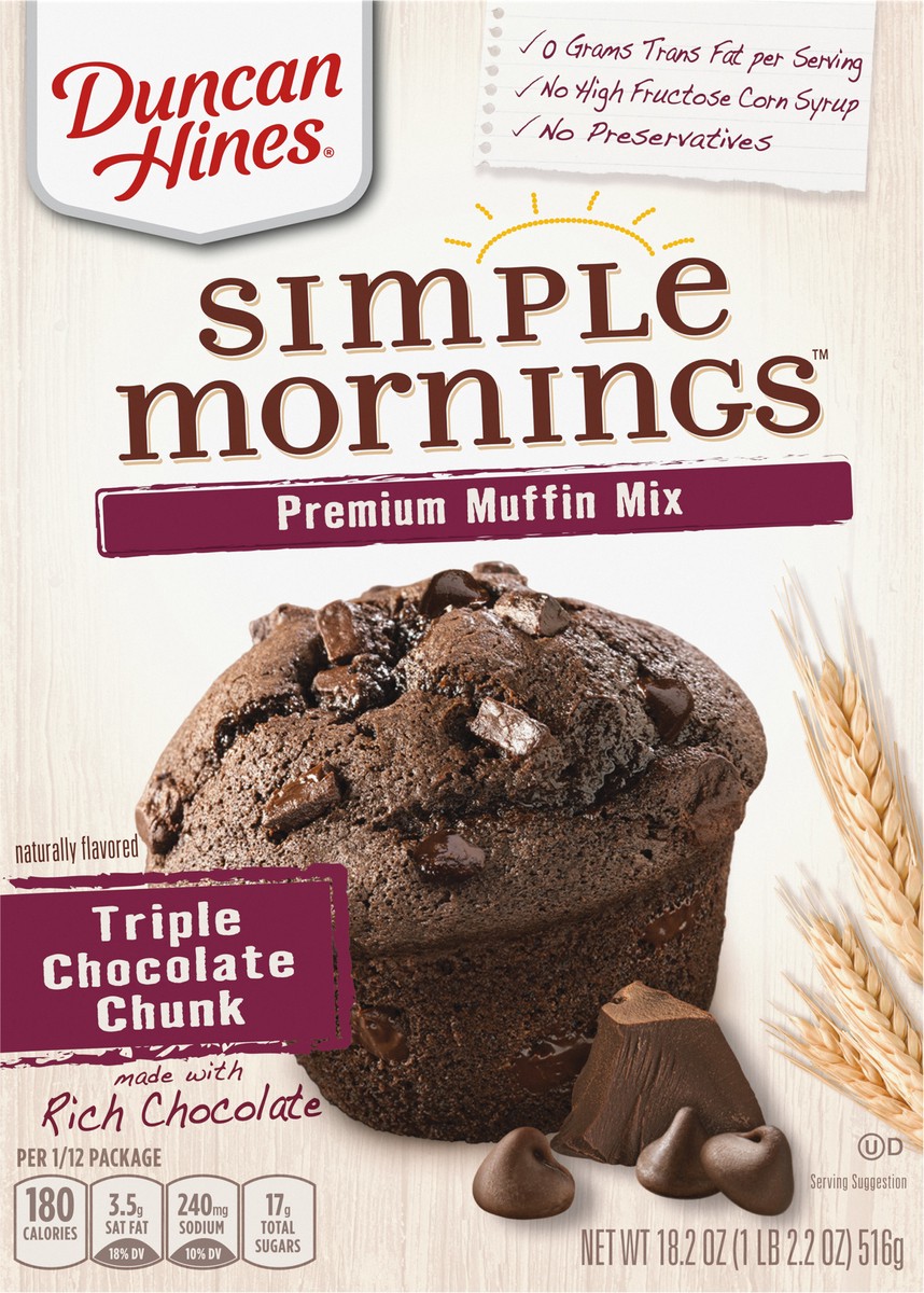 slide 4 of 9, Duncan Hines Simple Mornings Premium Triple Chocolate Chunk Muffin Mix 18.2 oz, 18.2 oz