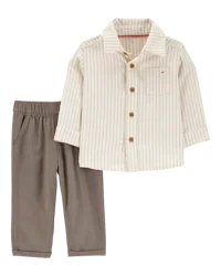 Carter's Baby 2-Piece Striped Button-Down Shirt & Pull-On Pant Set Ivory/Brown 12M