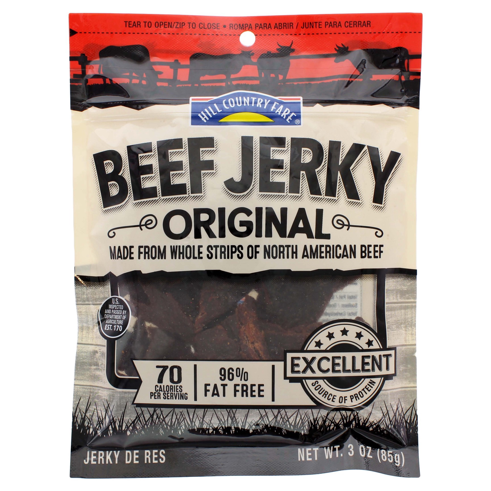 slide 1 of 1, Hill Country Fare 10g Protein Original Beef Jerky, 3 oz