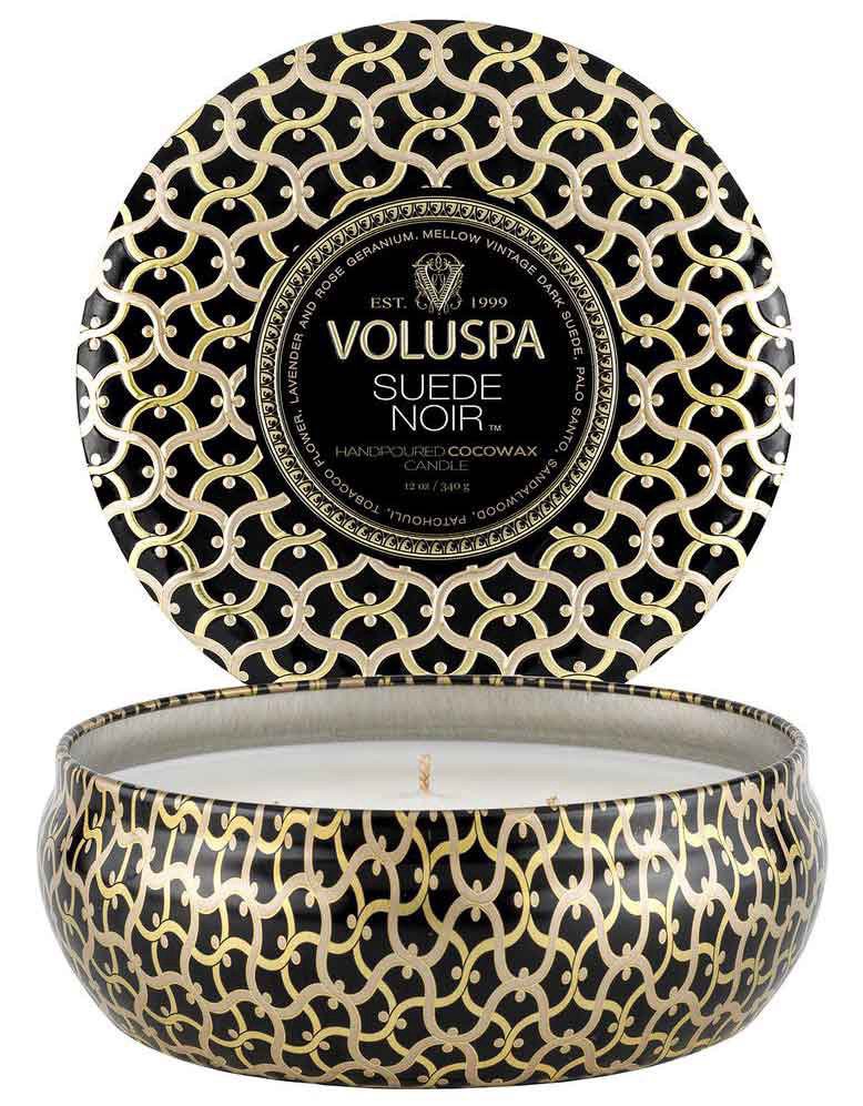slide 1 of 1, Voluspa Suede Noir 3 Wick Tin Candle, 12 oz