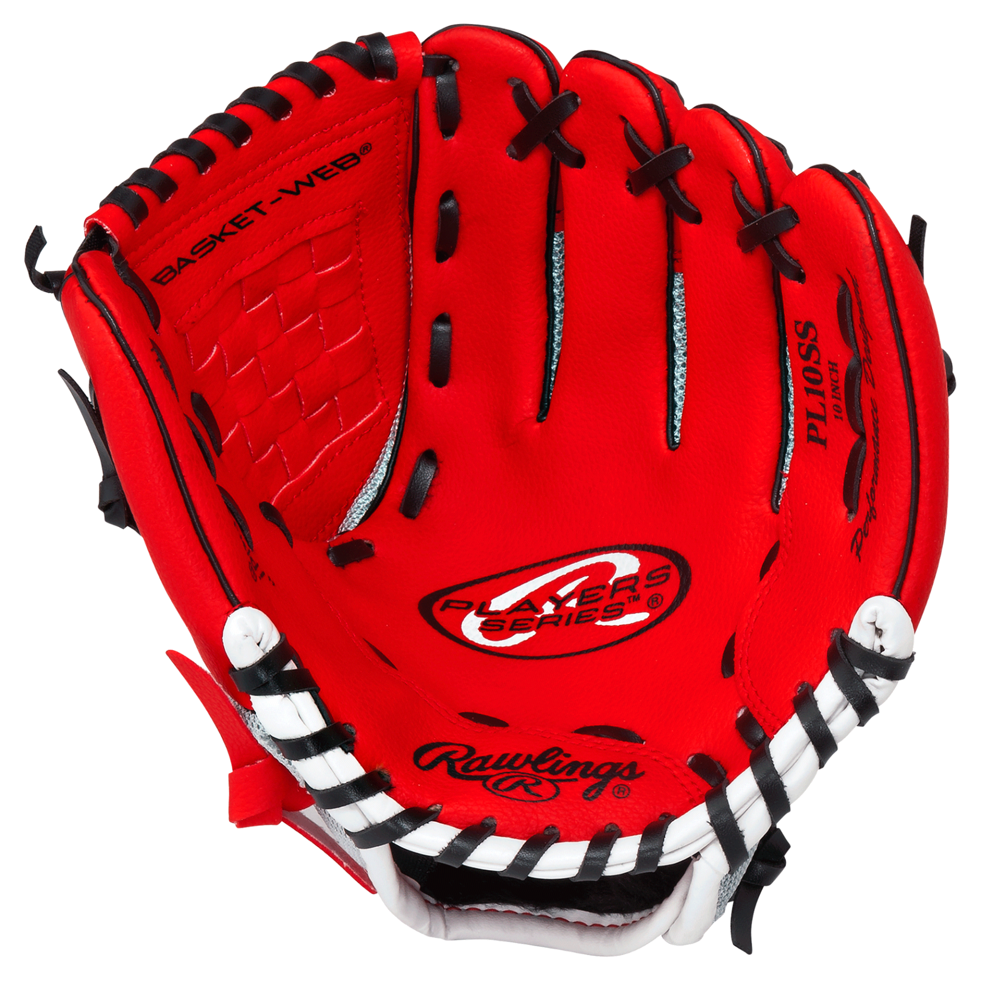 slide 1 of 1, Rawlings Player Series Youth Baseball Glove, RHT, Red, 10", 10 in