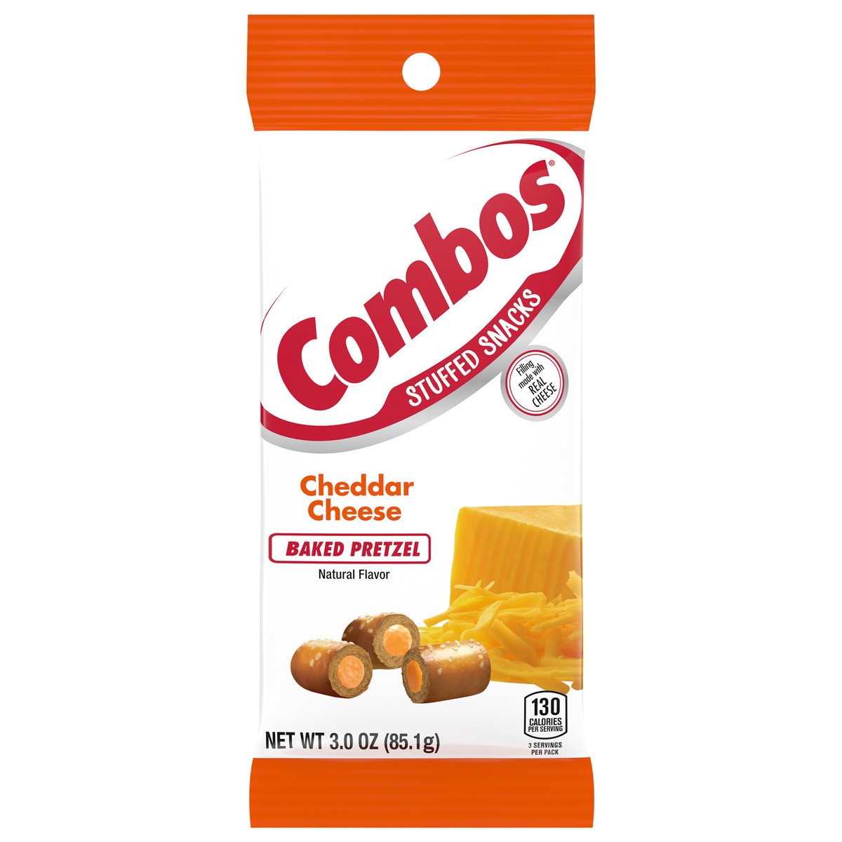 slide 1 of 7, COMBOS Stuffed Snacks Cheddar Cheese Baked Pretzel Snacks, 3.0 oz Bag, 1 ct