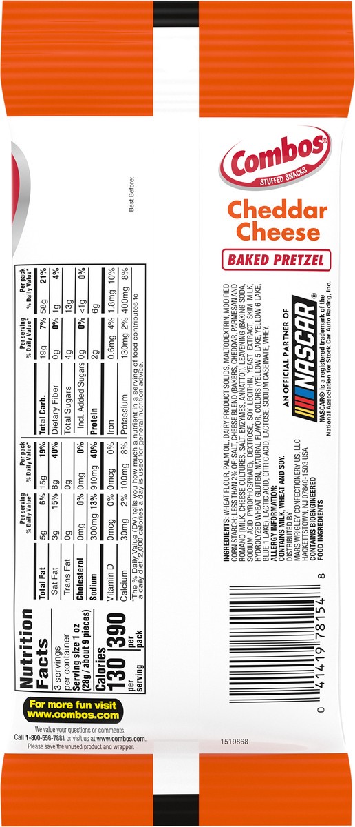slide 3 of 7, COMBOS Stuffed Snacks Cheddar Cheese Baked Pretzel Snacks, 3.0 oz Bag, 1 ct