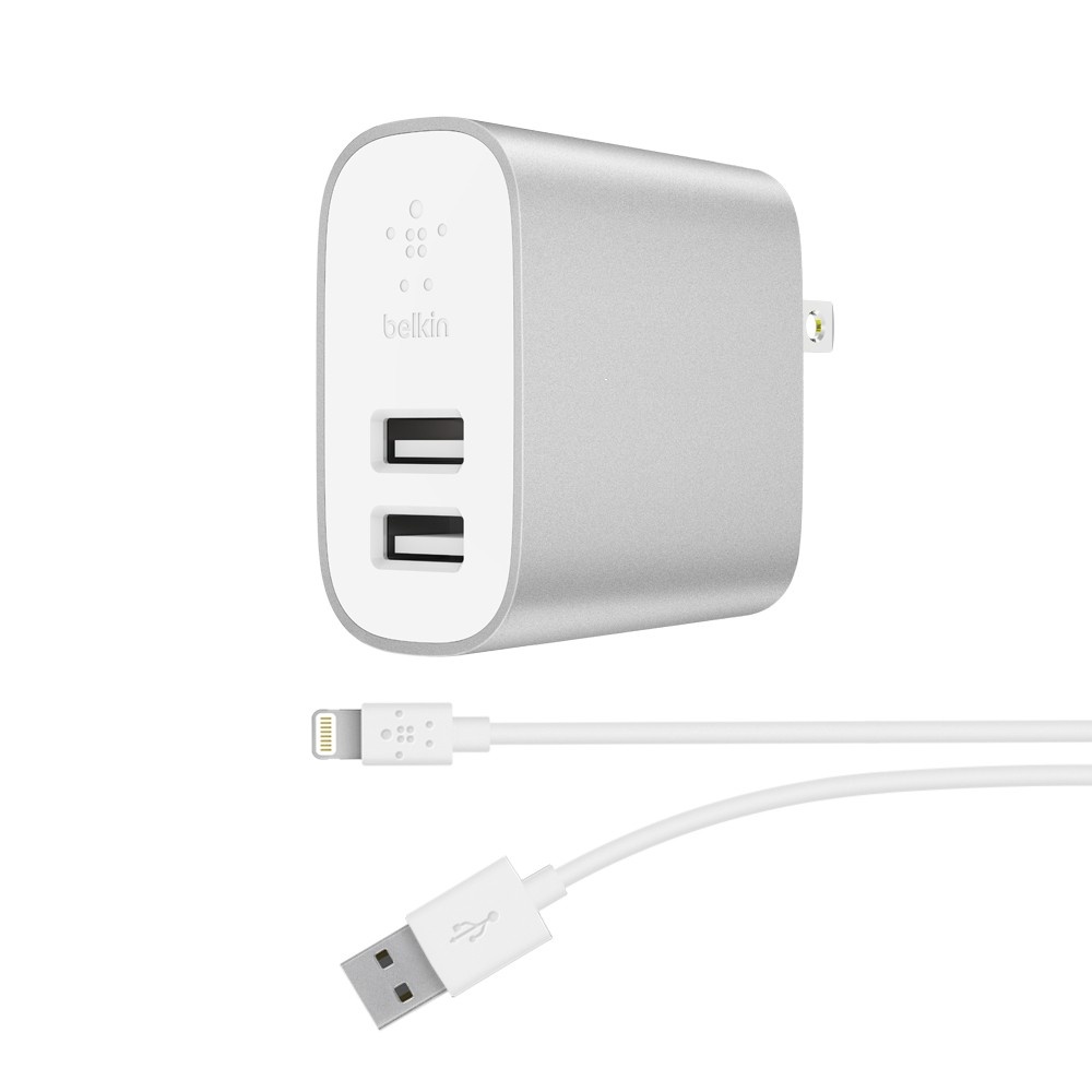 slide 1 of 1, Belkin 2-Port Home Charger With Lightning Cable, Silver, F8J230Dq04-Slv, 4 ft