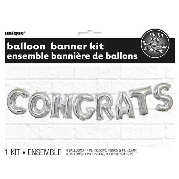 slide 1 of 1, Unique Industries Foil Silver Congrats Letter Balloon Banner Kit, 1 ct
