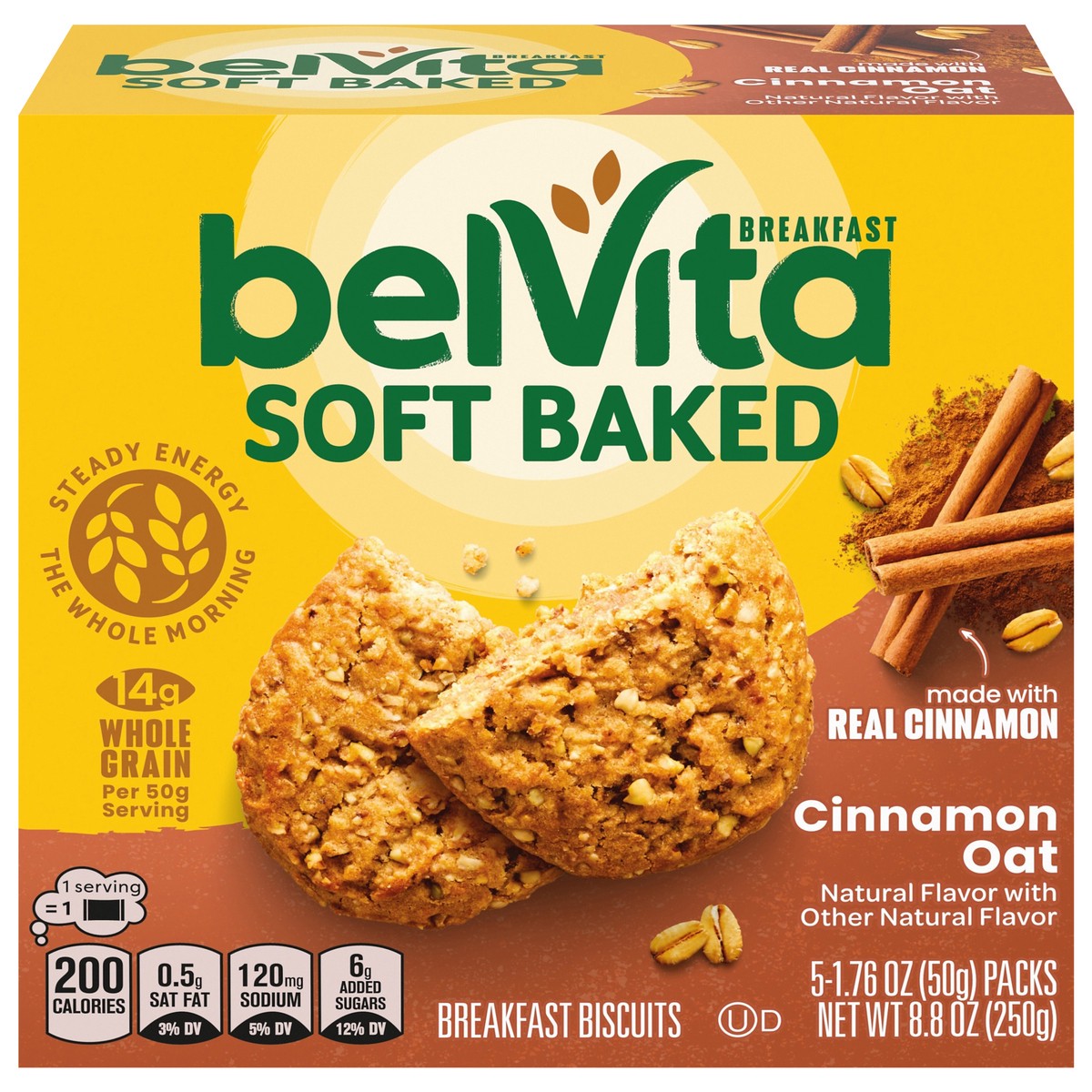 slide 1 of 4, belVita Soft Baked Cinnamon Oat Breakfast Biscuits, Chewy Breakfast Bars, 5 Packs (1 Biscuit Per Pack), 5 ct
