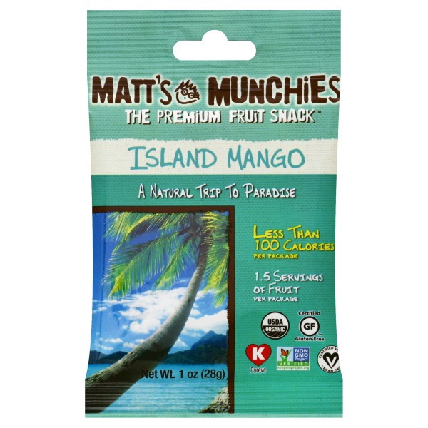 slide 1 of 1, Matt's Munchies Island Mango Premium Fruit Snacks, 1 oz