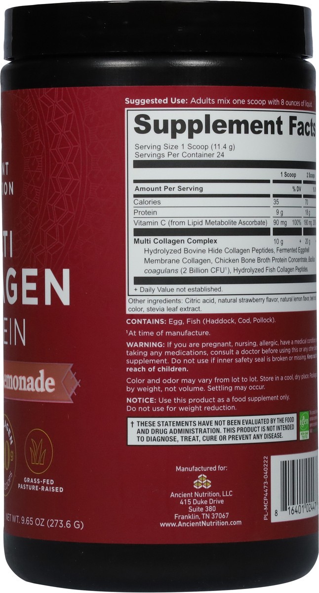 slide 8 of 9, Ancient Nutrition Strawberry Lemonade Multi Collagen Protein 9.65 oz, 9.74 oz