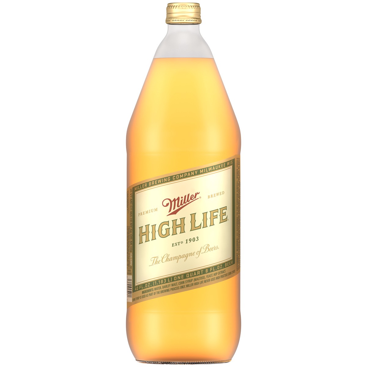 slide 1 of 6, Miller High Life American Lager Beer, 4.6% ABV, 40-oz beer bottle, 480 oz