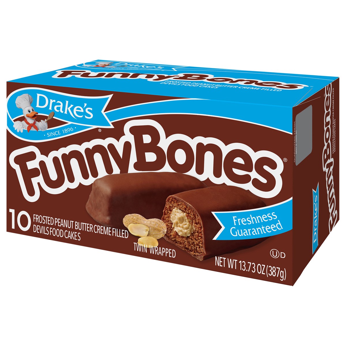 slide 9 of 10, Drake's Funny Bones Frosted Peanut Butter Crème Filled Devils Food Cakes, 10 ct