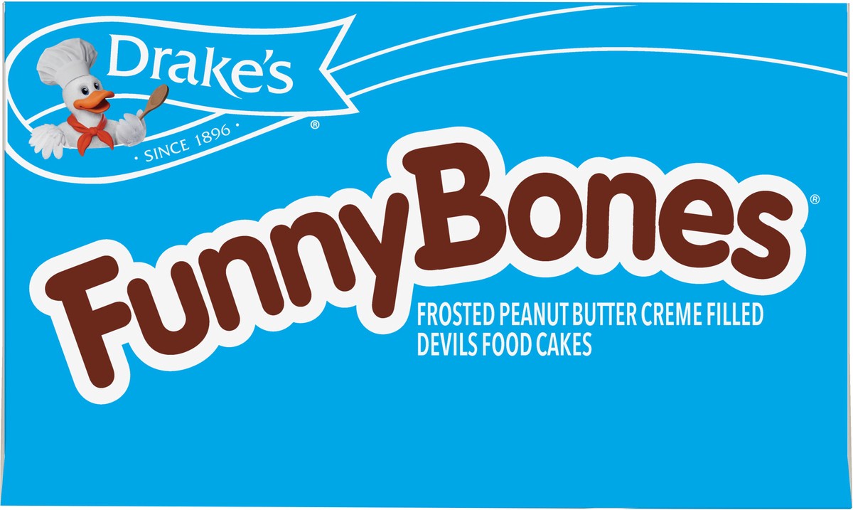 slide 8 of 10, Drake's Funny Bones Frosted Peanut Butter Crème Filled Devils Food Cakes, 10 ct