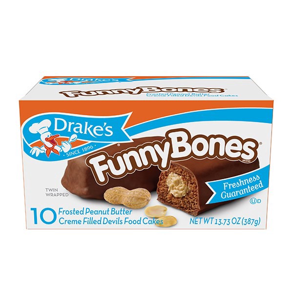 slide 1 of 10, Drake's Funny Bones Frosted Peanut Butter Crème Filled Devils Food Cakes, 10 ct