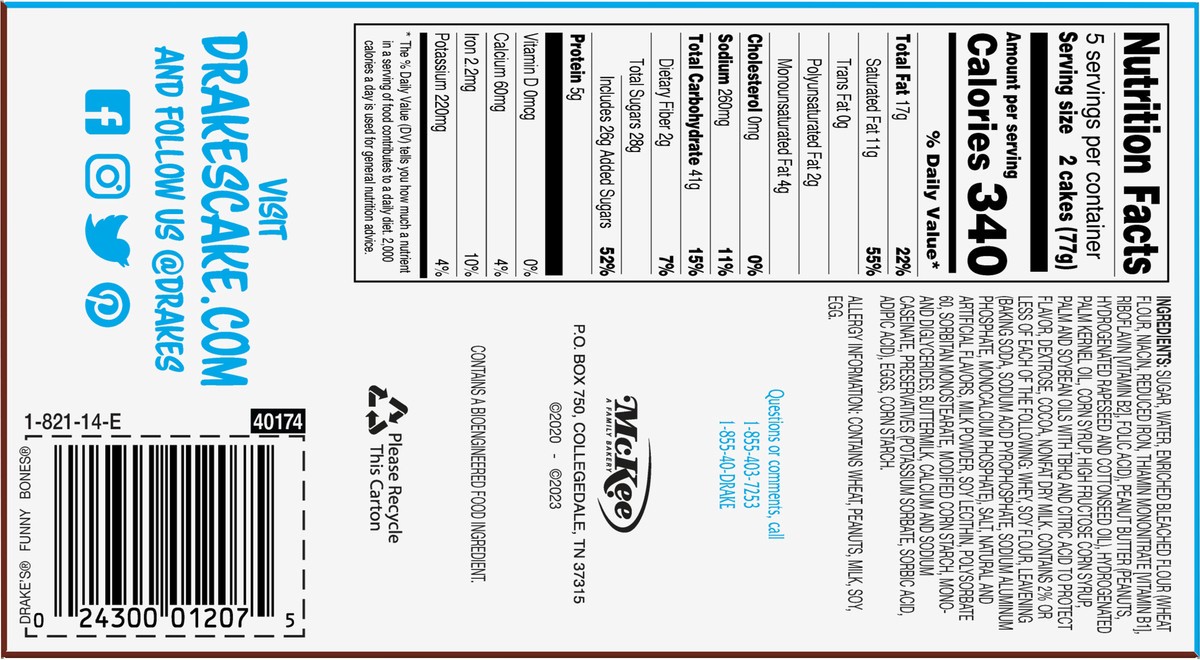 slide 6 of 10, Drake's Funny Bones Frosted Peanut Butter Crème Filled Devils Food Cakes, 10 ct