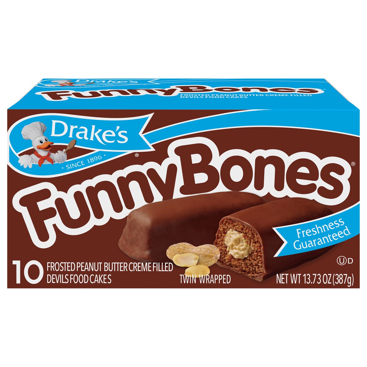 slide 3 of 10, Drake's Funny Bones Frosted Peanut Butter Crème Filled Devils Food Cakes, 10 ct