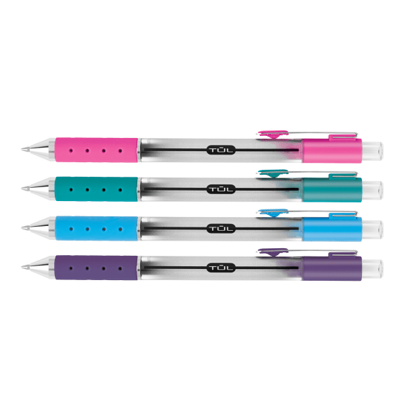 slide 4 of 6, TUL Retractable Gel Pens, Medium Point, Silver Barrel, Assorted Ink, Pack Of 4, 4 ct