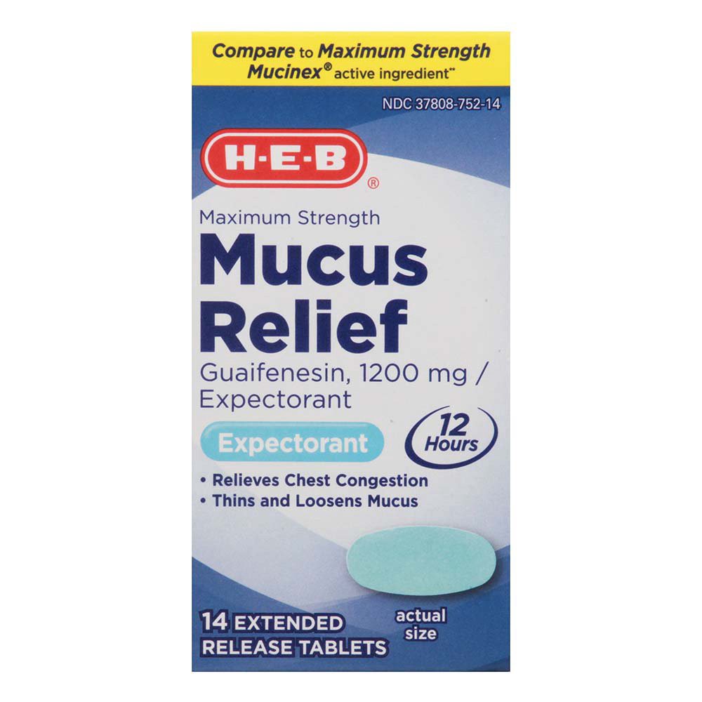 slide 1 of 1, H-E-B Max Strength Mucus Relief Expectorant Tablets, 14 ct