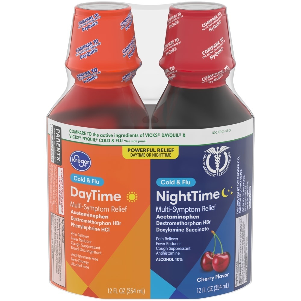 slide 1 of 1, Kroger Daytime/Nitetime Cherry Flavored Liquid Cold & Flu Relief, 2 ct; 12 fl oz