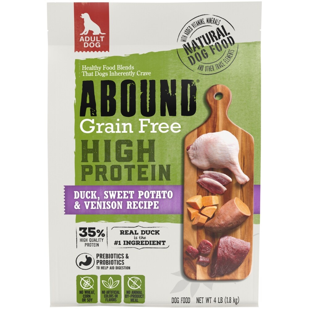 slide 1 of 1, Abound Grain Free High Protein Duck Sweet Potato Venison Recipe Adult Dog Food, 4 lb