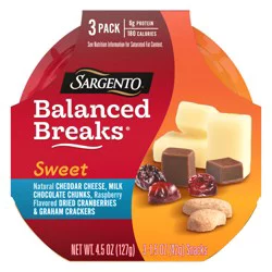 Sargento Sweet Balanced Breaks Natural Cheddar Cheese, Milk Chocolate Chunks, Raspberry Flavored Dried Cranberries and Graham Crackers Snack Kit, 3-Pack, 1.5 oz