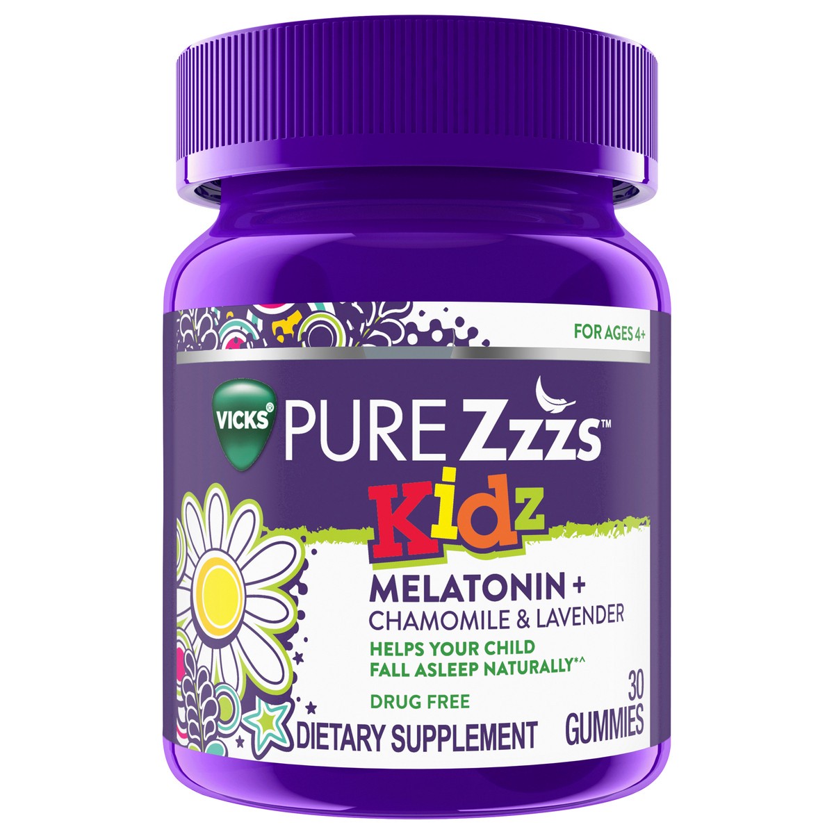 slide 1 of 1, Vicks PURE Zzzs Kidz Melatonin Lavender & Chamomile Sleep Aid Gummies for Kids & Children, Natural Berry Flavor, 0.5mg per gummy, 30 Count, 30 ct