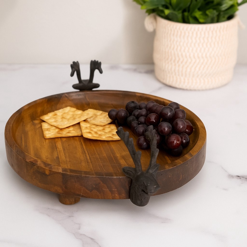 slide 4 of 4, 15" Round Wood Tray With Reindeer Handles By Ashland, 12 in x 15 in x 4 in