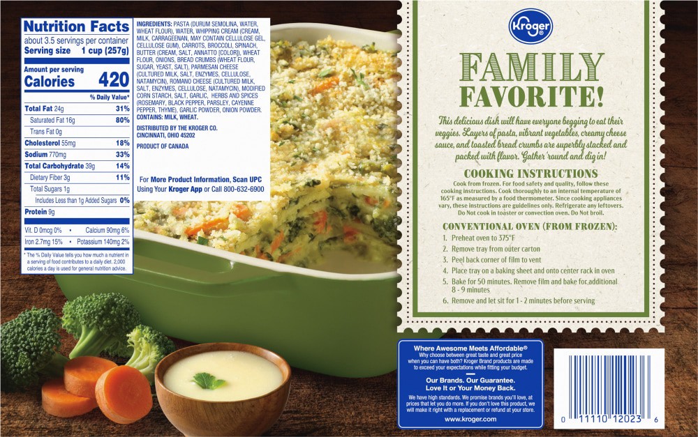 slide 2 of 2, Kroger Family Size Vegetable Lasagna Frozen Meal, 32 oz