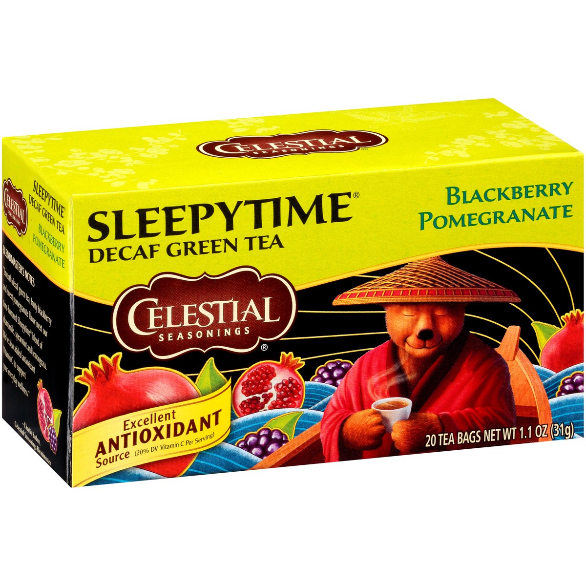 slide 2 of 10, Celestial Seasonings Sleepytime Blackberry Pomegranate Decaf Green Tea Bags 20 ct Box, 1.1 oz