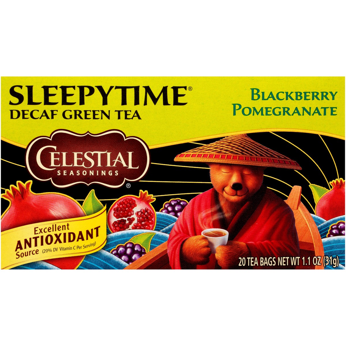 slide 8 of 10, Celestial Seasonings Sleepytime Blackberry Pomegranate Decaf Green Tea Bags 20 ct Box, 1.1 oz