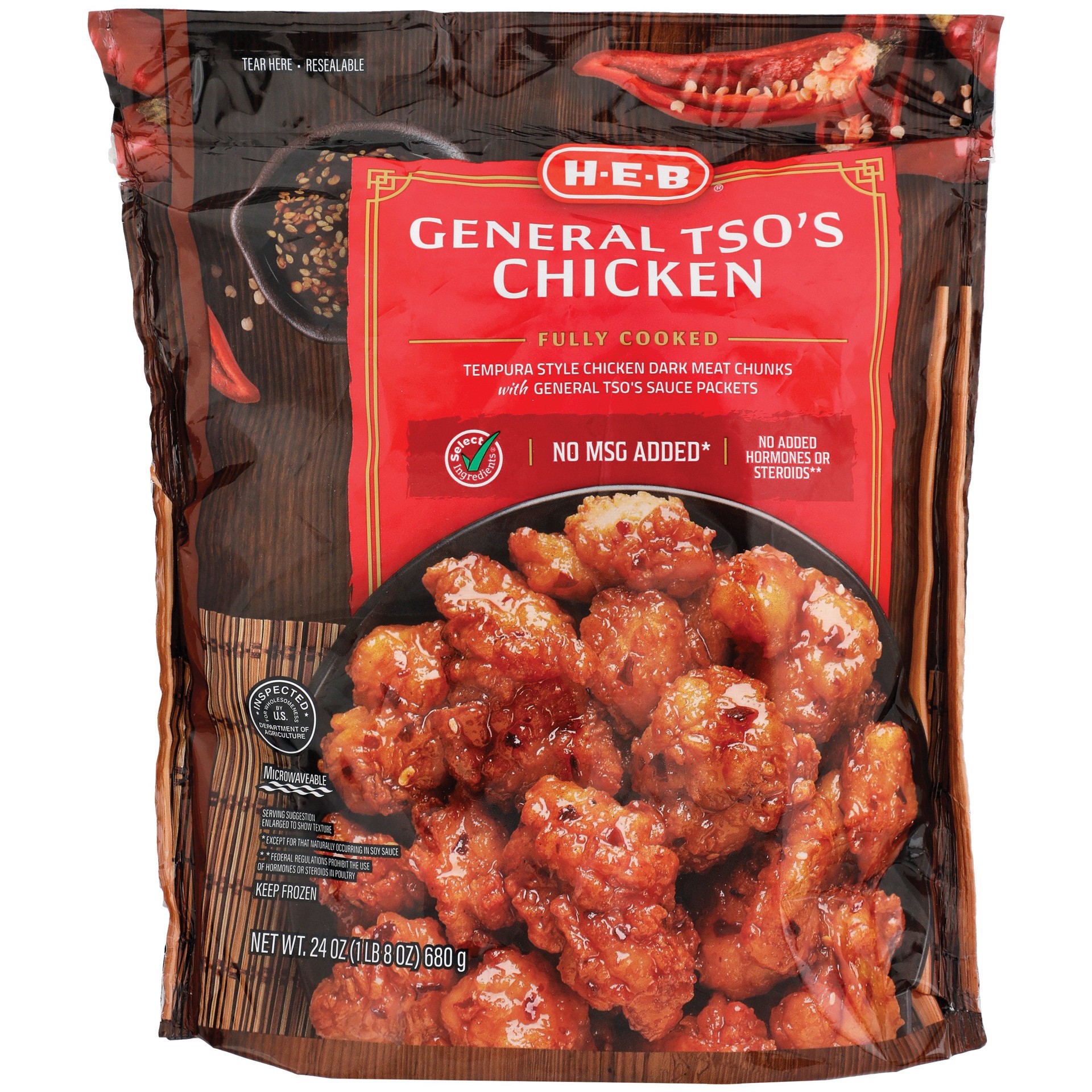 slide 1 of 1, H-E-B Frozen Fully Cooked General Tso's Chicken, 24 oz