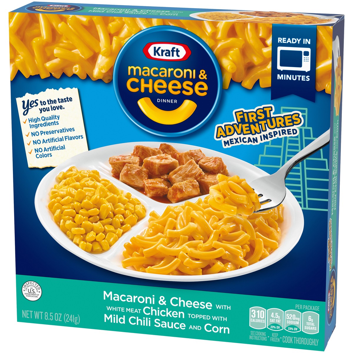 slide 9 of 14, Kraft First Adventures Mexican Inspired Macaroni & Cheese Frozen Dinner with Fajita Chicken, Mild Chili Sauce & Corn, 8.5 oz Box, 8.5 oz