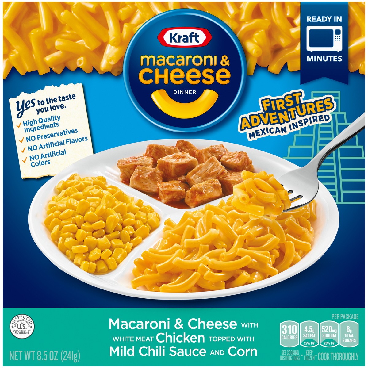 slide 11 of 14, Kraft First Adventures Mexican Inspired Macaroni & Cheese Frozen Dinner with Fajita Chicken, Mild Chili Sauce & Corn, 8.5 oz Box, 8.5 oz