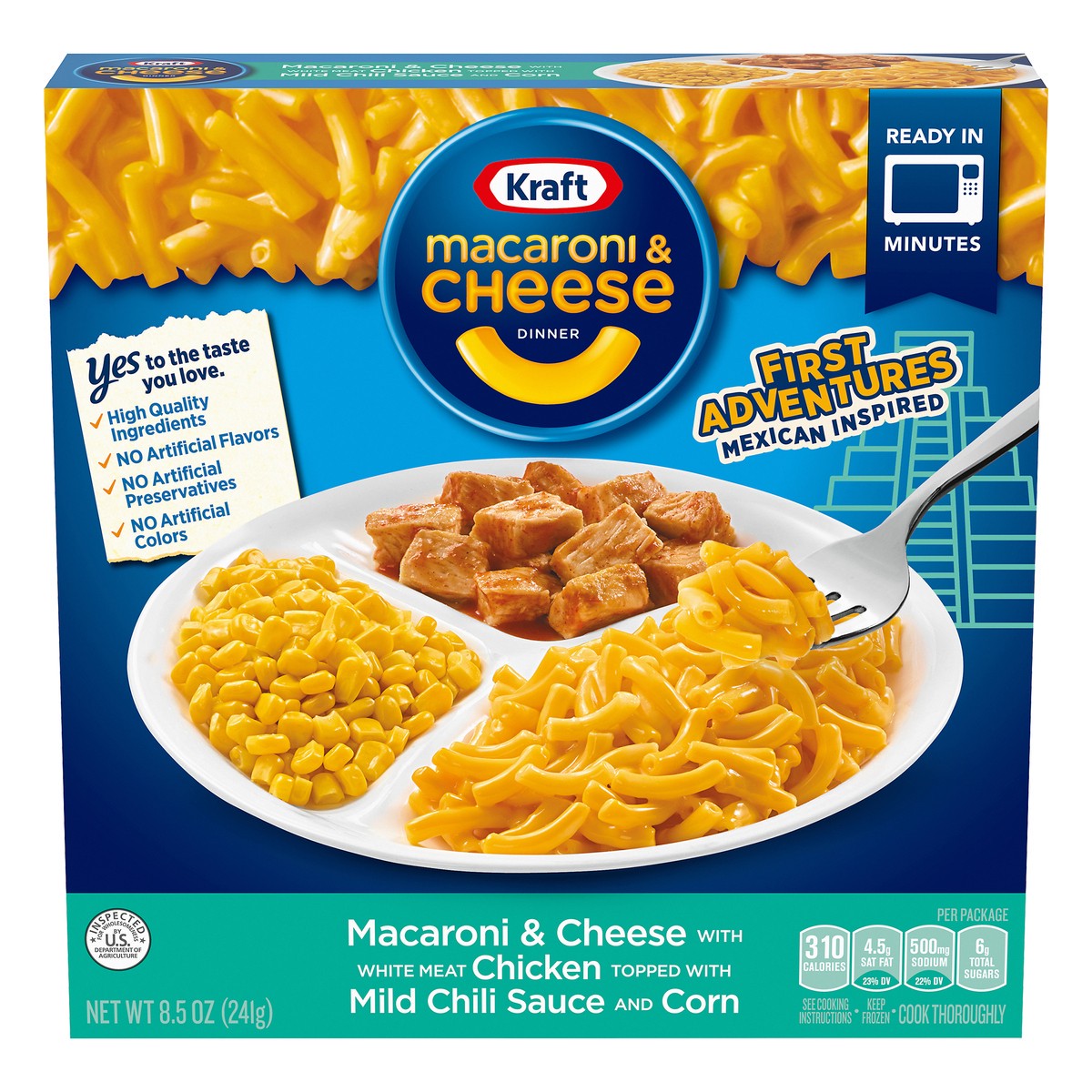 slide 5 of 14, Kraft First Adventures Mexican Inspired Macaroni & Cheese Frozen Dinner with Fajita Chicken, Mild Chili Sauce & Corn, 8.5 oz Box, 8.5 oz