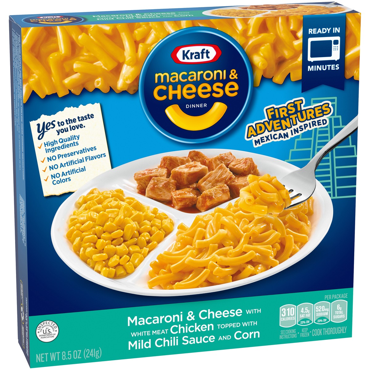 slide 7 of 14, Kraft First Adventures Mexican Inspired Macaroni & Cheese Frozen Dinner with Fajita Chicken, Mild Chili Sauce & Corn, 8.5 oz Box, 8.5 oz