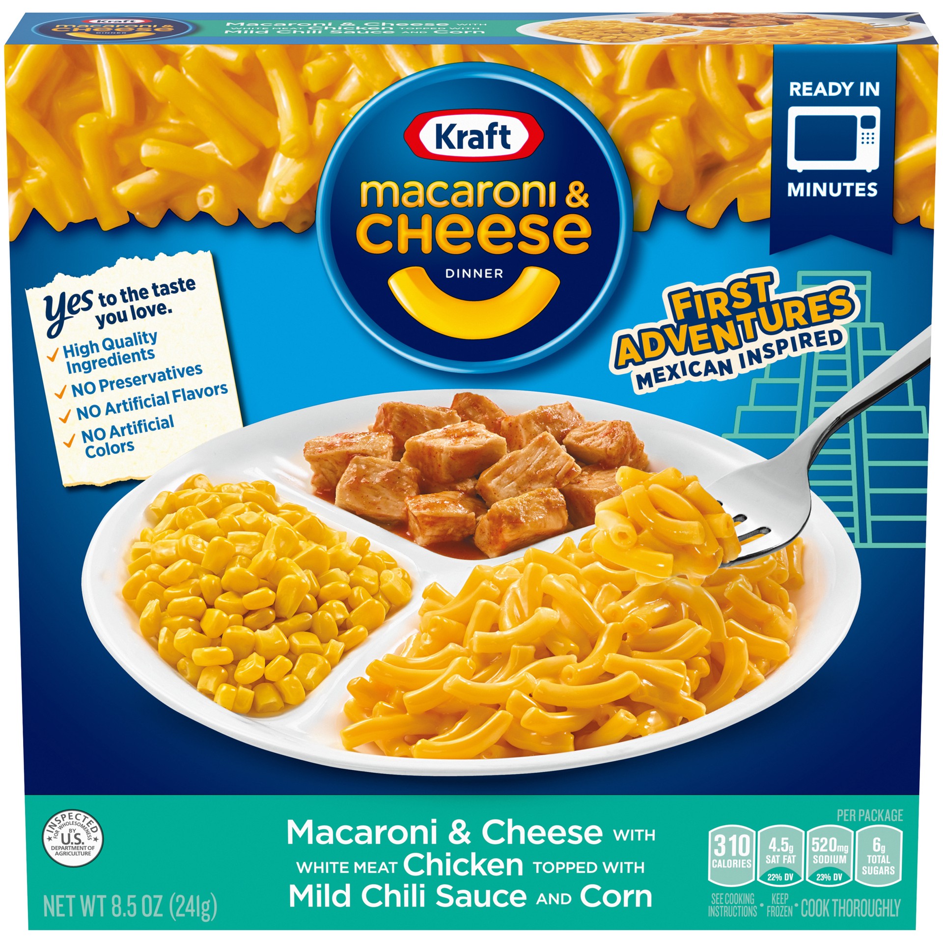 slide 1 of 14, Kraft First Adventures Mexican Inspired Macaroni & Cheese Frozen Dinner with Fajita Chicken, Mild Chili Sauce & Corn, 8.5 oz Box, 8.5 oz