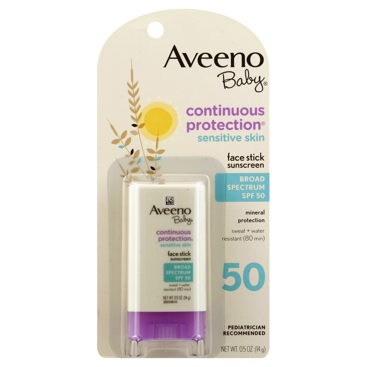 slide 2 of 3, Aveeno Baby Continuous Protection Sensitive Skin Face Stick with Broad Spectrum SPF 50, .5 Oz, 0.5 oz