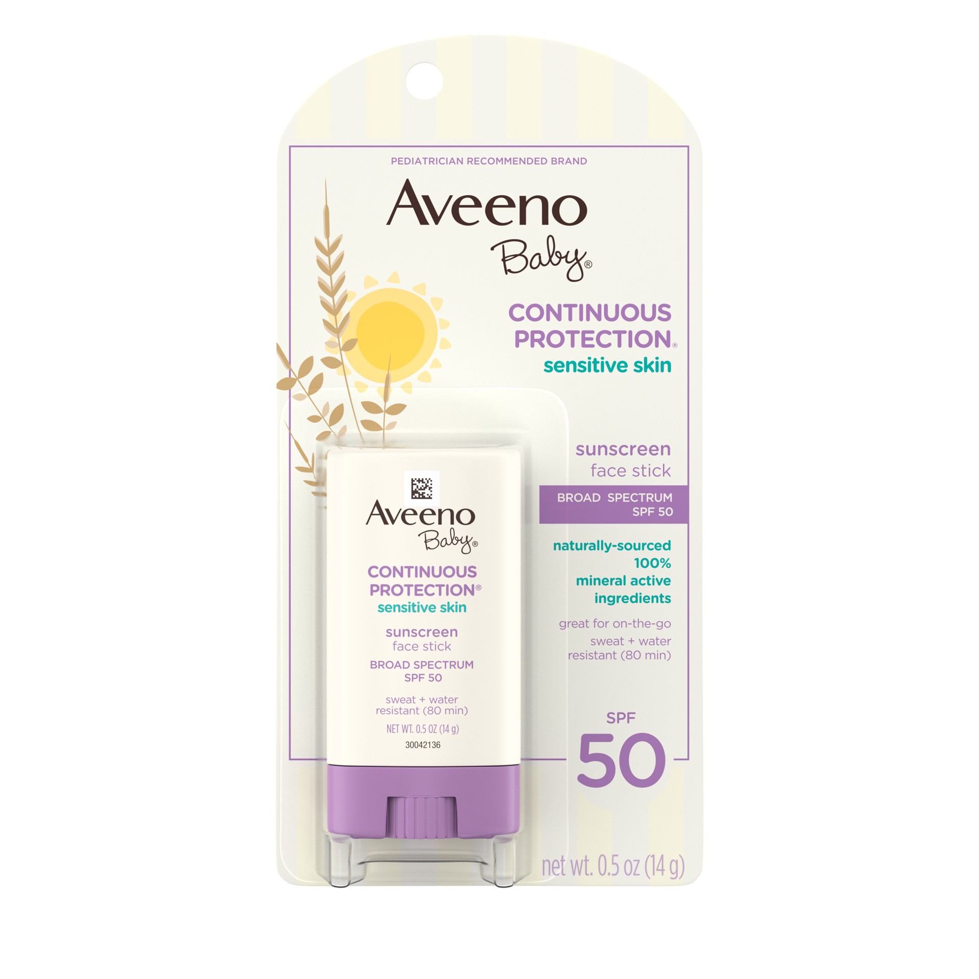 slide 1 of 3, Aveeno Baby Continuous Protection Sensitive Skin Face Stick with Broad Spectrum SPF 50, .5 Oz, 0.5 oz