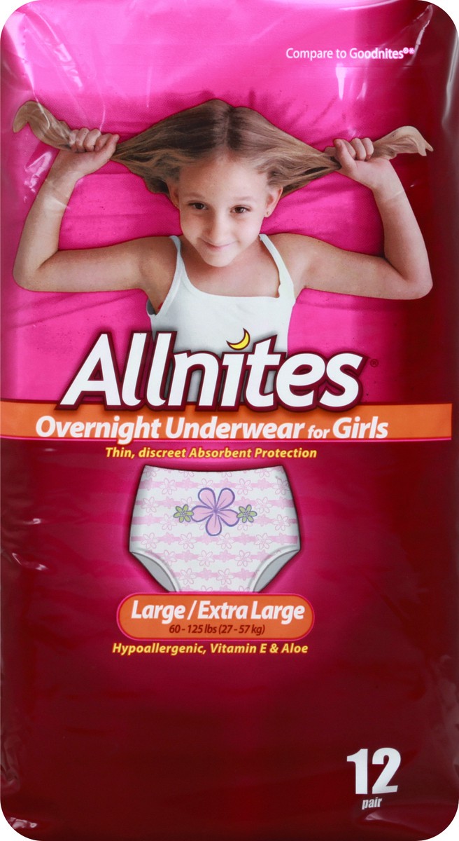 slide 1 of 9, Allnites For Girls Overnight Large/Extra Large Underwear 12 ea, 12 ct