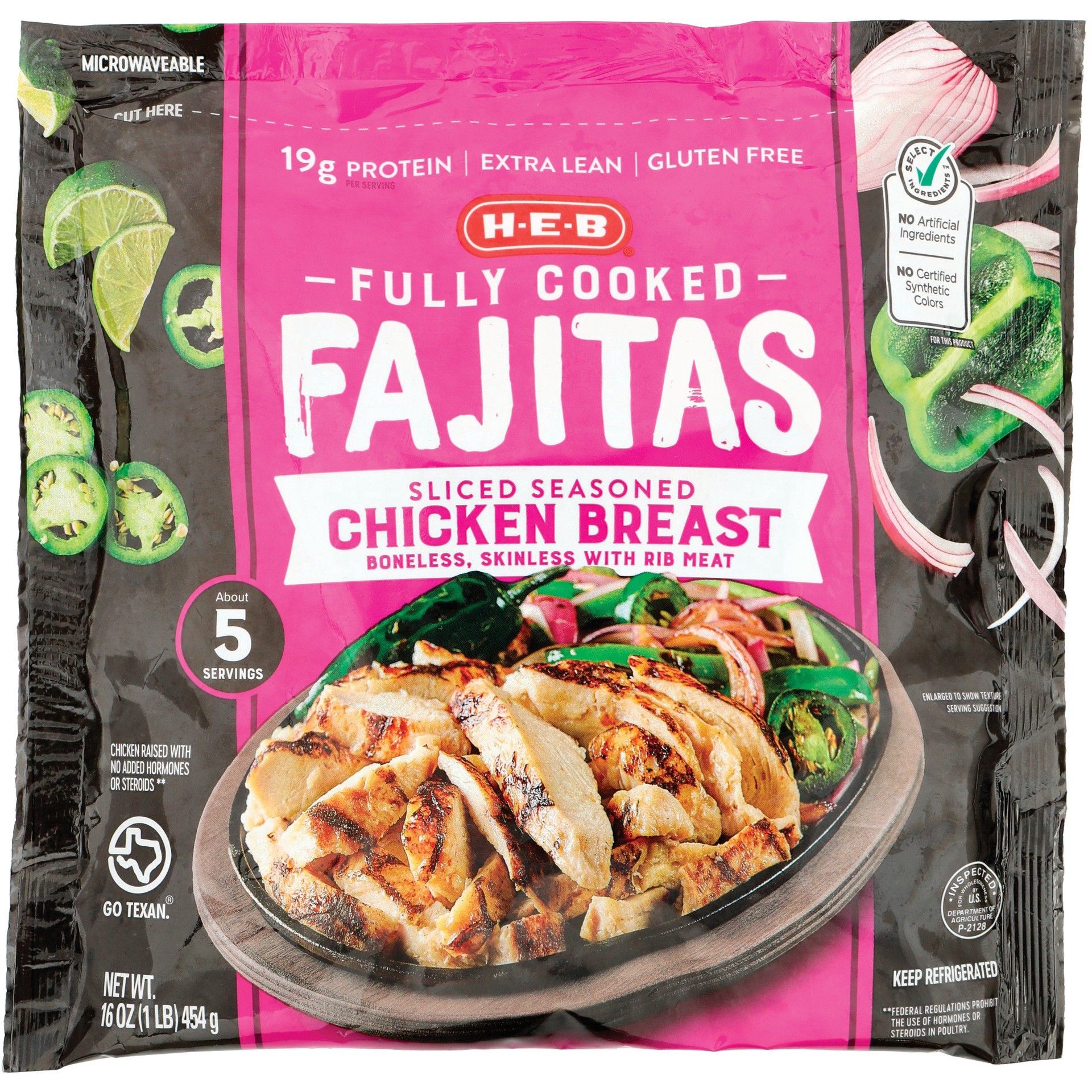 slide 1 of 1, H-E-B Fully Cooked Seasoned Chicken Breast Fajitas, 16 oz