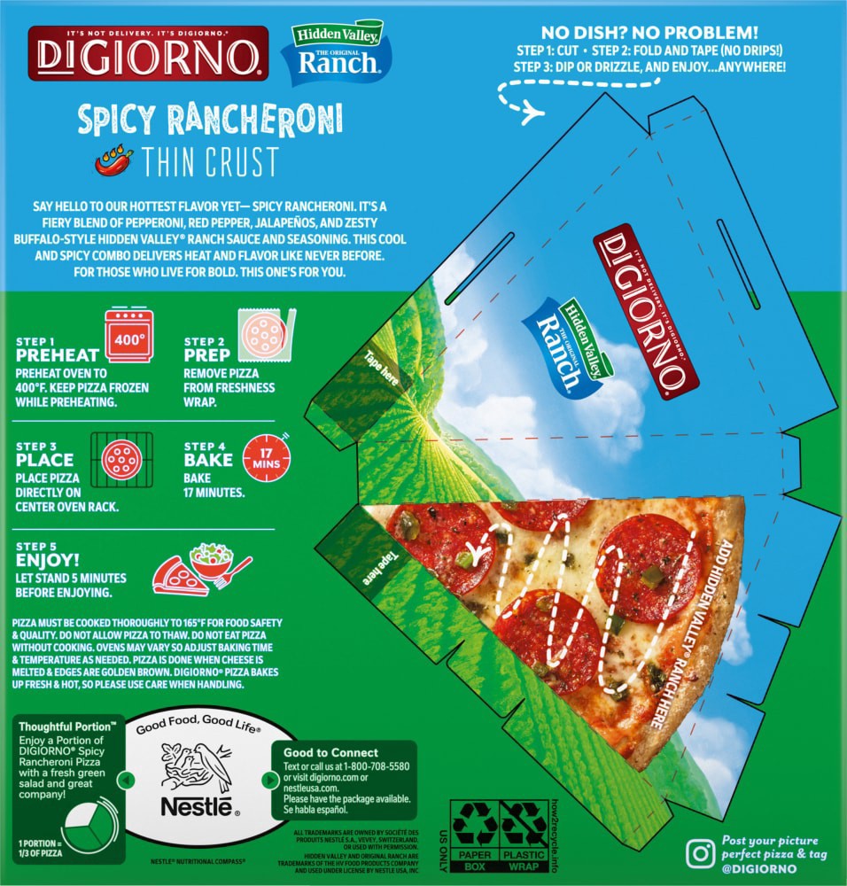 slide 2 of 2, DiGiorno Spicy Rancheroni Thin Crust Pepperoni Pizza, A Hidden Valley Ranch Sauce, (Frozen), 16.3 oz