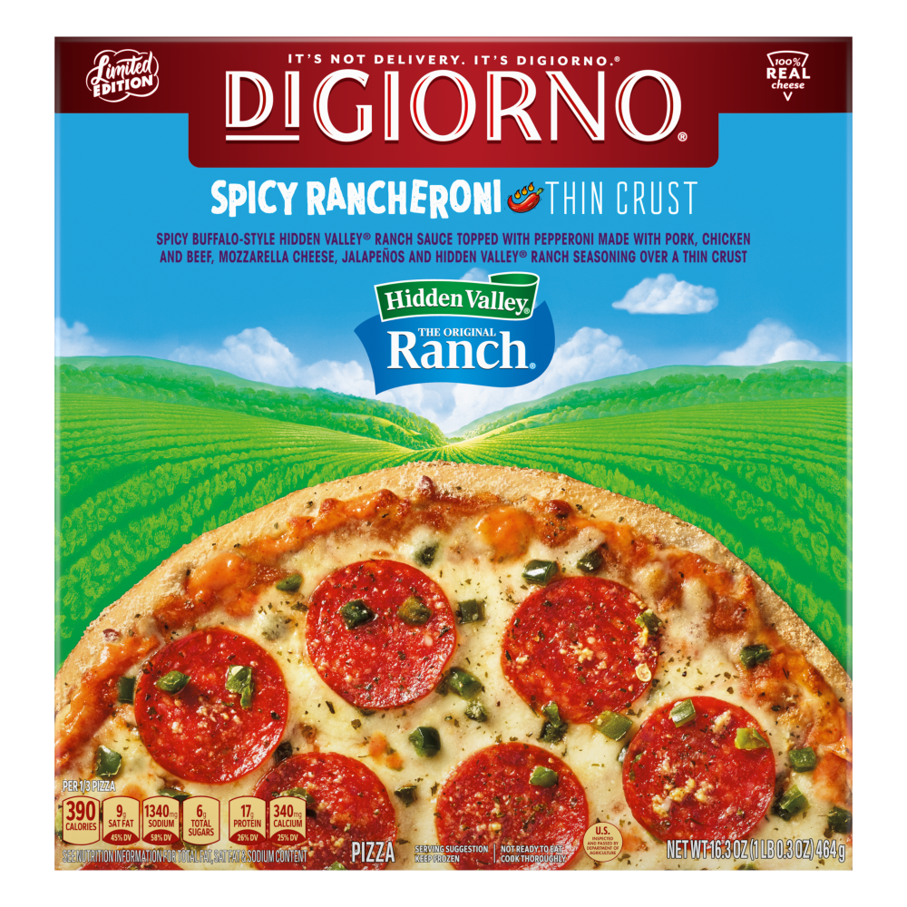 slide 1 of 2, DiGiorno Spicy Rancheroni Thin Crust Pepperoni Pizza, A Hidden Valley Ranch Sauce, (Frozen), 16.3 oz