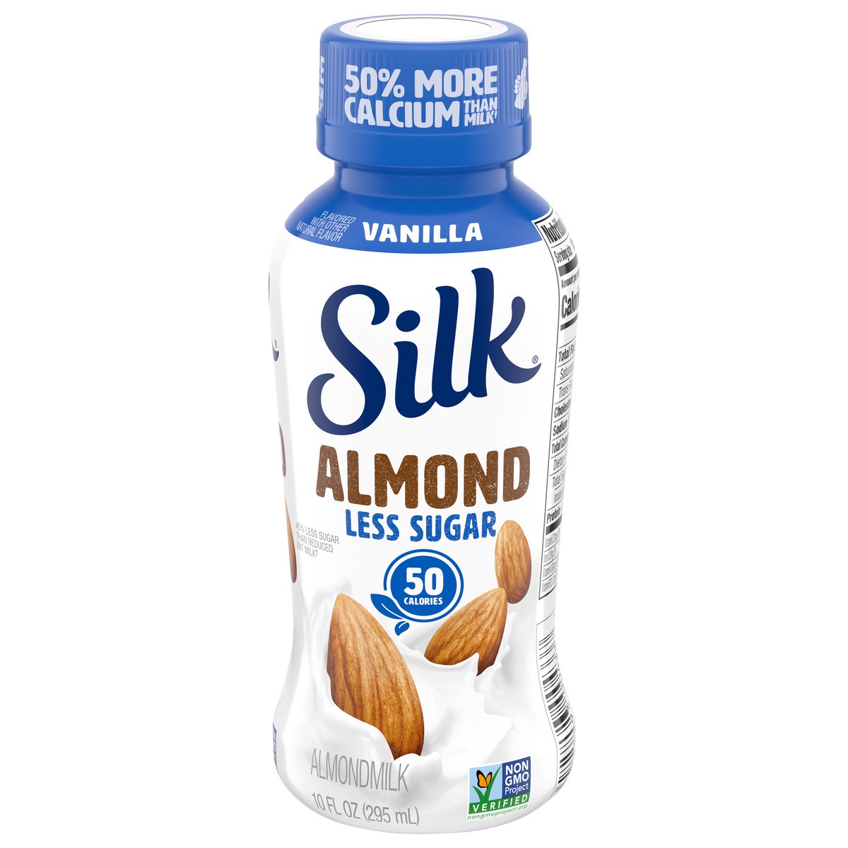 slide 1 of 8, Silk Shelf-Stable Almond Milk, Less Sugar Vanilla, Dairy-Free, Vegan, Non-GMO Project Verified, 10 oz., 10 fl oz