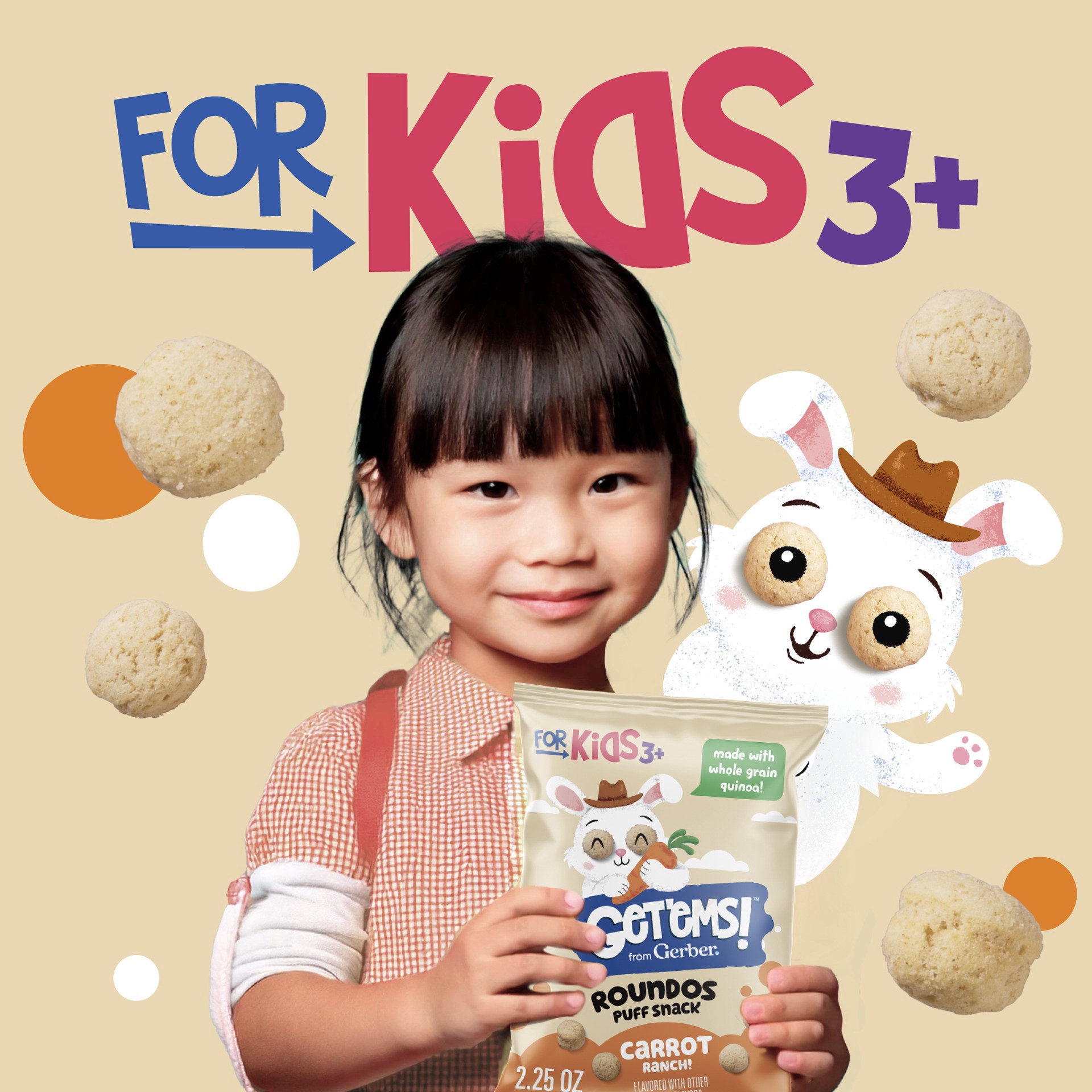 slide 4 of 7, Get'ems! from Gerber Carrot Ranch Roundos Puffs Snacks, Kids Snack Made with Whole Grain Quinoa, Calcium to Support Strong Bones, 2.25 oz