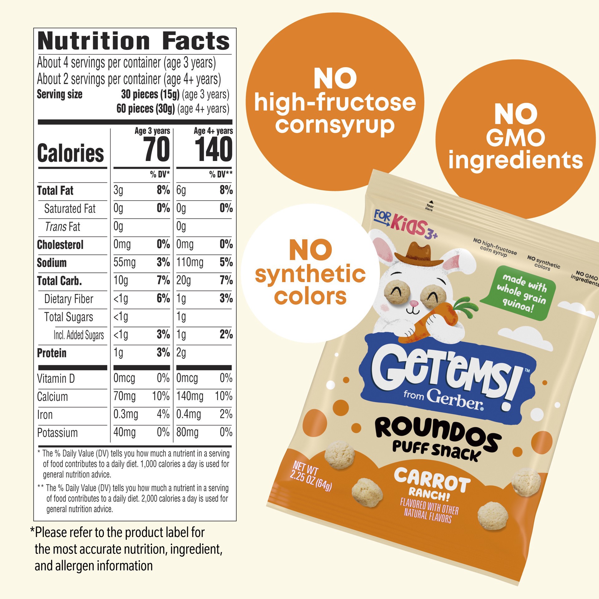 slide 7 of 7, Get'ems! from Gerber Carrot Ranch Roundos Puffs Snacks, Kids Snack Made with Whole Grain Quinoa, Calcium to Support Strong Bones, 2.25 oz