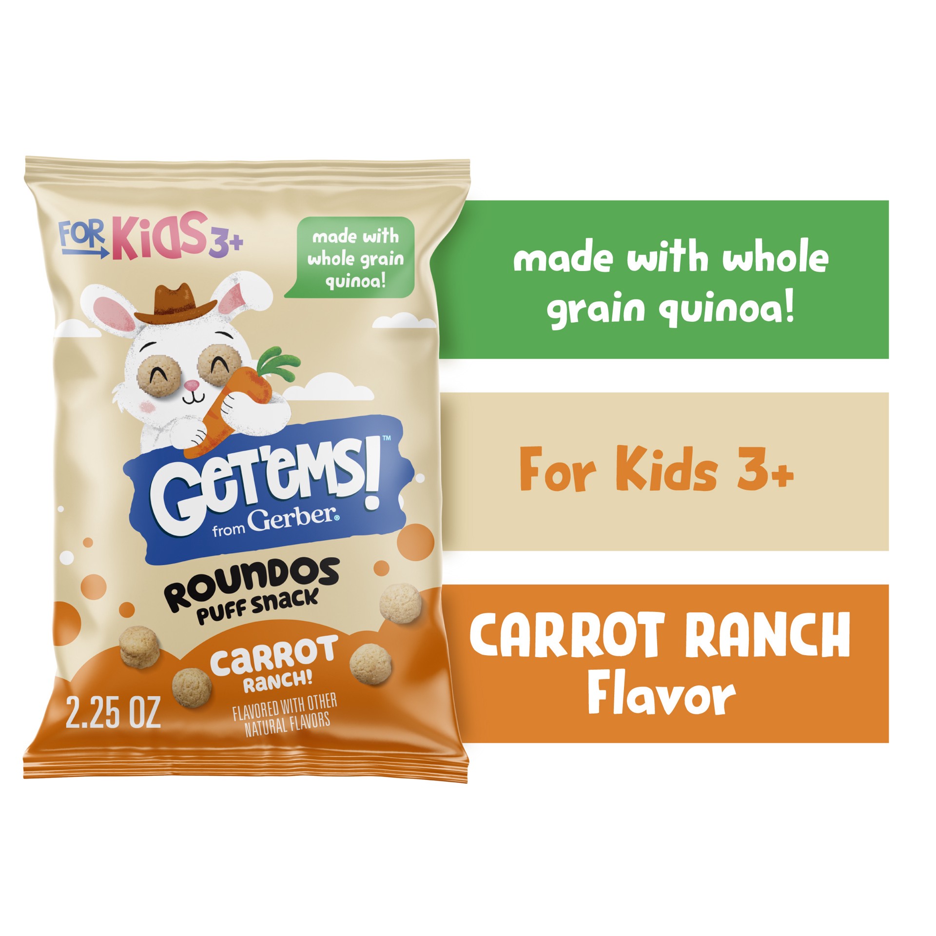 slide 1 of 7, Get'ems! from Gerber Carrot Ranch Roundos Puffs Snacks, Kids Snack Made with Whole Grain Quinoa, Calcium to Support Strong Bones, 2.25 oz