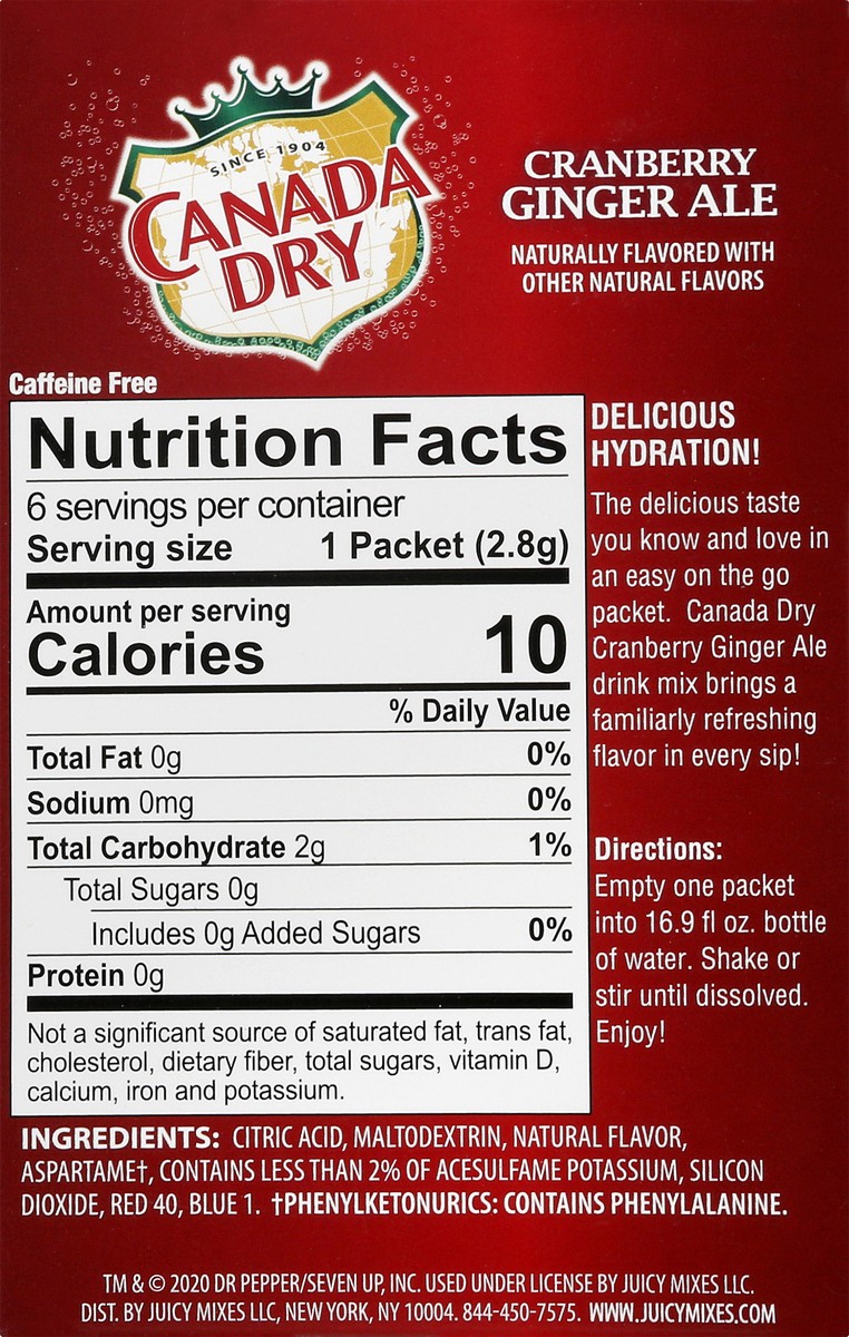 slide 2 of 13, Canada Dry Sugar Free On The Go Cranberry Ginger Ale Drink Mix Packets - 6 ct, 6 ct