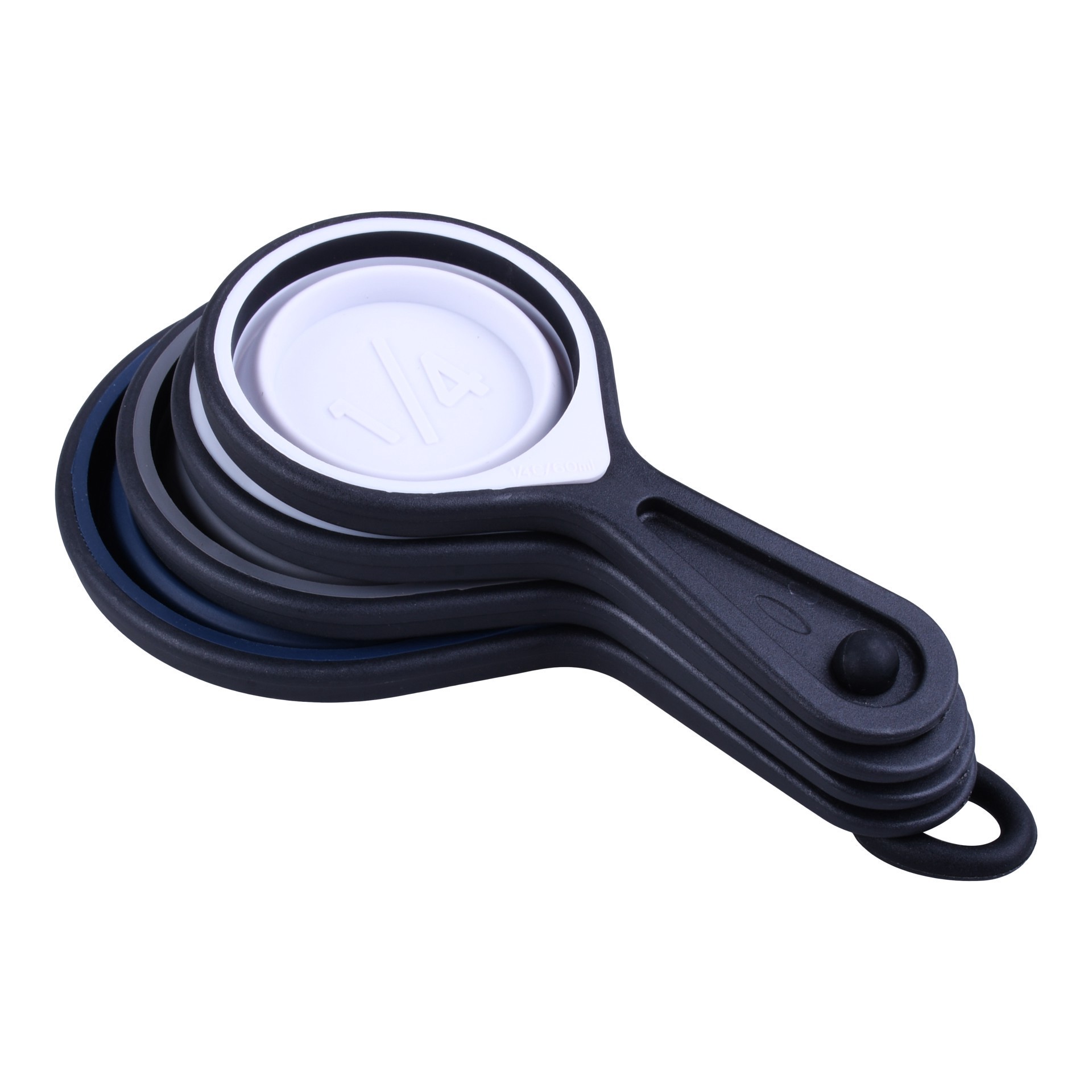 slide 2 of 5, Navy Silicone Measuring Cup Set By Makery, 1/4 cups, 1/3 cups, 1/2 cups and 1 cup